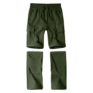 Detail view of detachable men's olive green cargo pants with functional drawstring waist