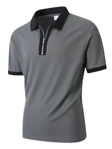 Graues Kurzarm-Poloshirt mit schwarzem Kontrastkragen und halbem Reißverschluss