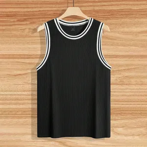 Macro view of men's black knitted ribbed tank top featuring contrasting white striped trim
