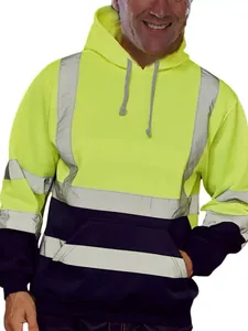 Detailed view of high-visibility safety hoodie with reflective strips for outdoor work