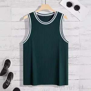 Close-up of men's dark green ribbed knit tank top with athletic striped neck trim