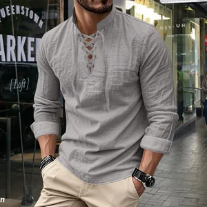 Men's cotton linen lace-up Henley shirt detail showing texture and stand collar design