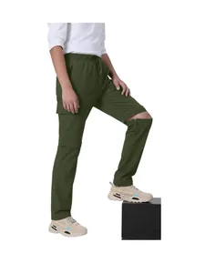 Army green men's multi-pocket cargo pants with convertible zipper knee detail for outdoors