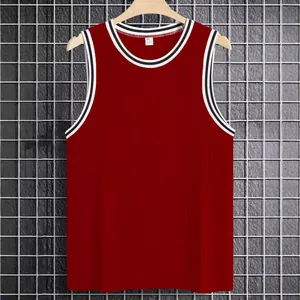 Detailed macro view of a red ribbed knit fitness tank top for men with striped trim edges