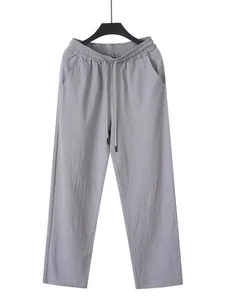 Pantalon décontracté en lin gris clair pour homme avec taille élastique à cordon