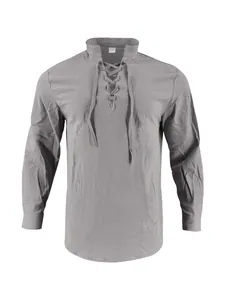 Detailed macro view of a men's gray cotton linen Henley shirt with lace-up neckline