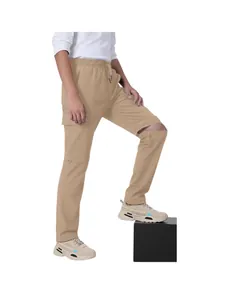 Versatile men's khaki tactical cargo pants with knee zipper and drawstring waist