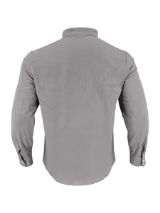 Back view of a premium grey men's long-sleeve cotton linen stand collar shirt