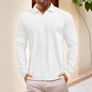 Men's casual long-sleeved white polo shirt for outdoor sports and leisure wear