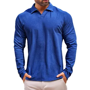 Premium men's textured long-sleeve polo shirt in royal blue for casual outdoor wear