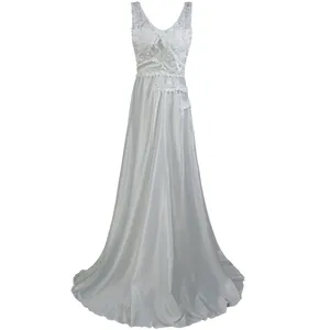 Elegant white lace patchwork sleeveless wedding gown featuring a flowing satin long skirt.