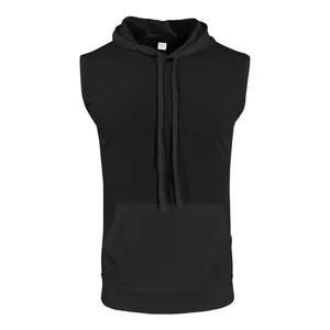 Camiseta de fitness sin mangas con capucha para hombre en negro con bolsillo frontal