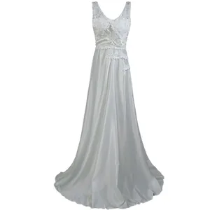 Elegant white lace patchwork sleeveless wedding evening gown dress with satin skirt