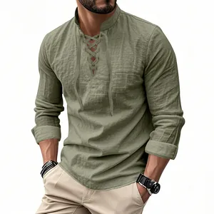 Close-up of the lace-up neckline and linen texture on this olive green casual henley shirt