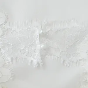 Close-up detail van wit kant met wimperrand en parelknoppen op een elegante lange avondjurk.