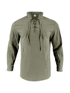 Close-up front view of olive green men's linen Henley shirt with lace-up collar detail