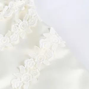 Close-up detail of exquisite white lace floral embroidery on a satin evening gown.
