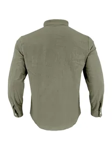 Back view detail of men's olive green cotton linen Henley shirt with curved hem
