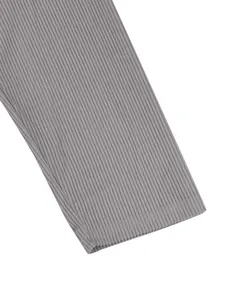 Close-up detail of grey ribbed corduroy sleeve showing the high-quality fabric