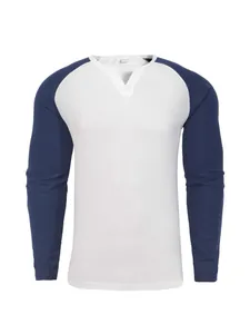 Herren Waffelstrick-Hemd mit blauen Raglanärmeln und V-Ausschnitt, schmale Passform