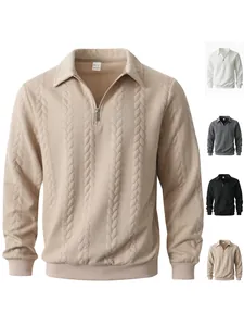 Felpa da Uomo con Mezza Zip Colletto a Revers Manica Lunga Trama a Trecce Casual Top alla Moda Tinta Unita