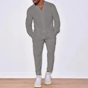 Ensemble deux pièces en lin pour homme avec haut à manches longues et pantalon décontracté