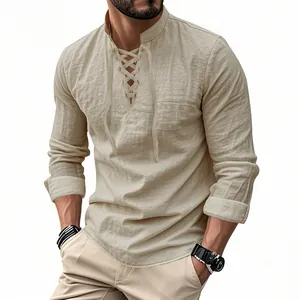 Detail view of men's linen Henley shirt with lace-up collar and rolled sleeves