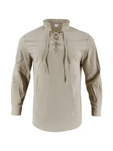 Front view detail of a men's long-sleeve cotton linen Henley shirt in khaki