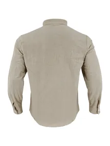 Rear view of men's casual khaki cotton linen long sleeve shirt with stand collar