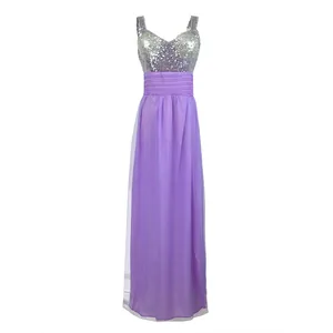 Vestido largo de dama de honor morado con corpiño de lentejuelas plateadas brillante