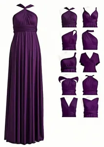 Detaillierte Ansicht eines lila Multi-Way-Maxikleids mit verschiedenen Tragevarianten