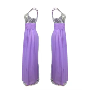 Vista lateral detallada del vestido de dama de honor con corpiño de lentejuelas plata