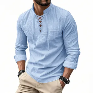 Detailed view of men's blue cotton linen Henley shirt in casual hippie beach style.