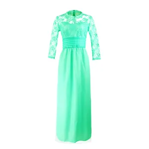 Elegantes mintgrünes Langarm-Abendkleid aus Spitze mit transparentem Oberteil