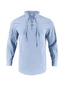 Front view of a light blue men's cotton linen henley shirt with lace-up collar