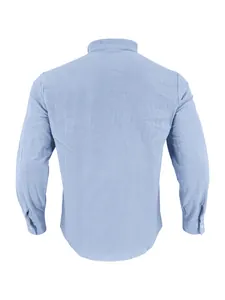 Back view of light blue men's long-sleeve cotton linen casual shirt with clean texture