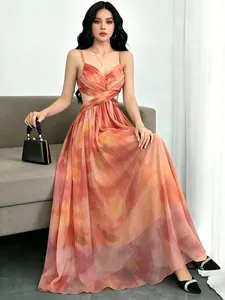 Bohemian Orange Blumendruck Mesh Camisole Maxikleid Für Damen Sommer Strandurlaub Rückenfrei Bodenlang Top And Bottom