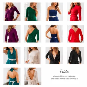 Detail of various ways to style a convertible multi-way wrap dress with 3/4 sleeves