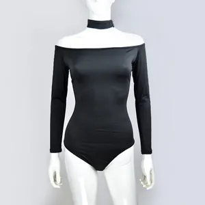 Body sexy noir à manches longues et épaules dénudées avec choker