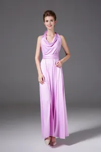 Full length view of a lavender multi-way halter dress with elegant draped neckline
