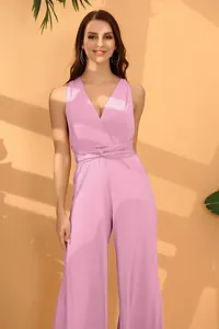 Elegant pink multi-way wrap jumpsuit featuring a deep V-neck and stylish wide-leg design