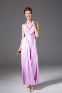 Elegant lavender multi-way halter neck long formal evening gown for weddings and parties.