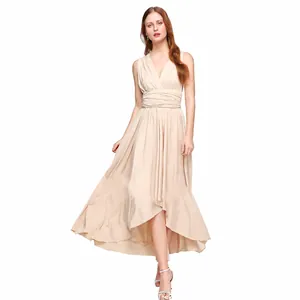 Elegant champagne multi-way convertible bandage dress with high-low hem silhouette