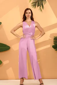Lavender multi-way bandage jumpsuit with deep V-neck and wide legs for women.