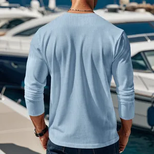 High-quality detailed back view of a men's light blue ribbed long sleeve casual crew neck top