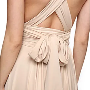 Close-up of the back tie design on a champagne multi-way infinity wrap maxi dress.