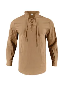 Front view of men's khaki cotton linen Henley shirt with vintage lace-up neck.