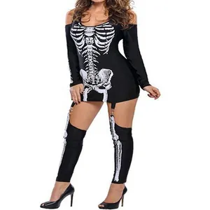 Sexy off-shoulder skeleton print Halloween costume with matching garter leg warmers.