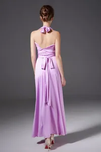 Elegant back view of a purple multi-way halter neck bandage maxi dress on a model.