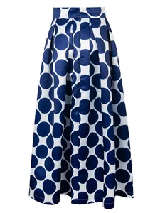Vintage blue and white polka dot high waisted A-line midi skirt with elegant pleats